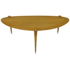 1950s Walnut Triangular Coffee Table with Talon-Clasp Legs and Aluminum Sabots