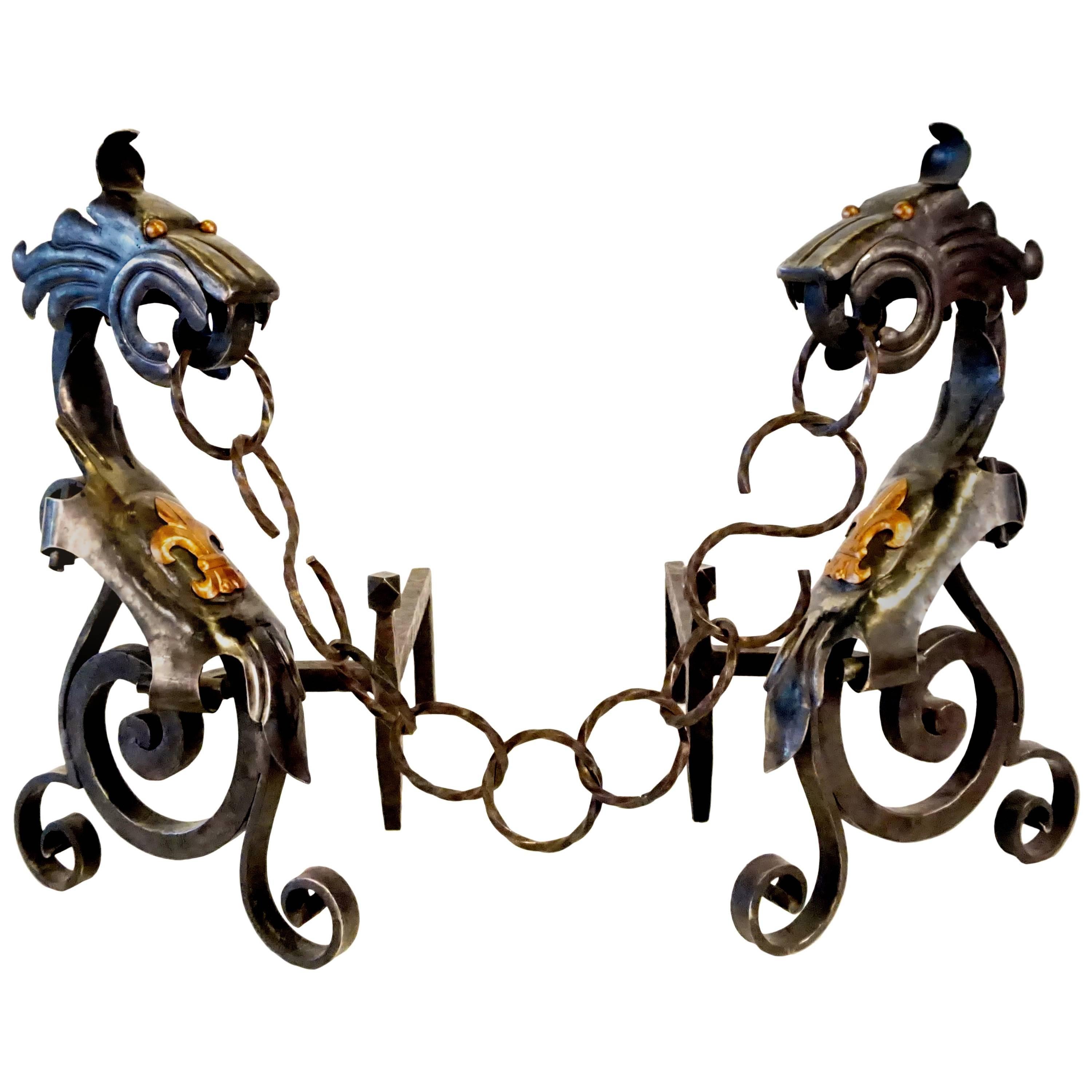 Spectacular Pair of Wrought Iron Gothic Revival Dragon Andirons For Sale
