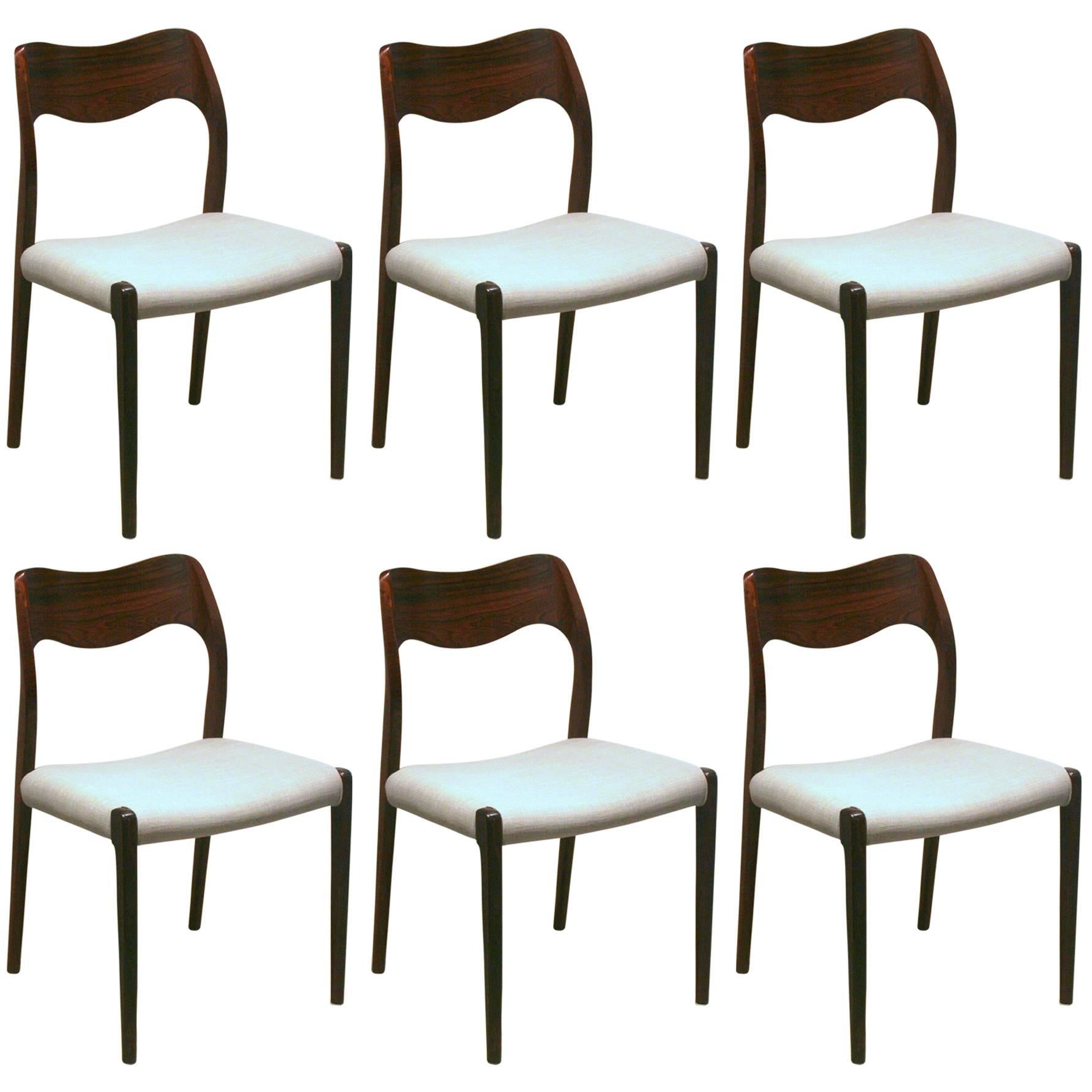 Set of 6 Vintage Rosewood Model 71 Dining Chairs by N.O. Moller For Sale