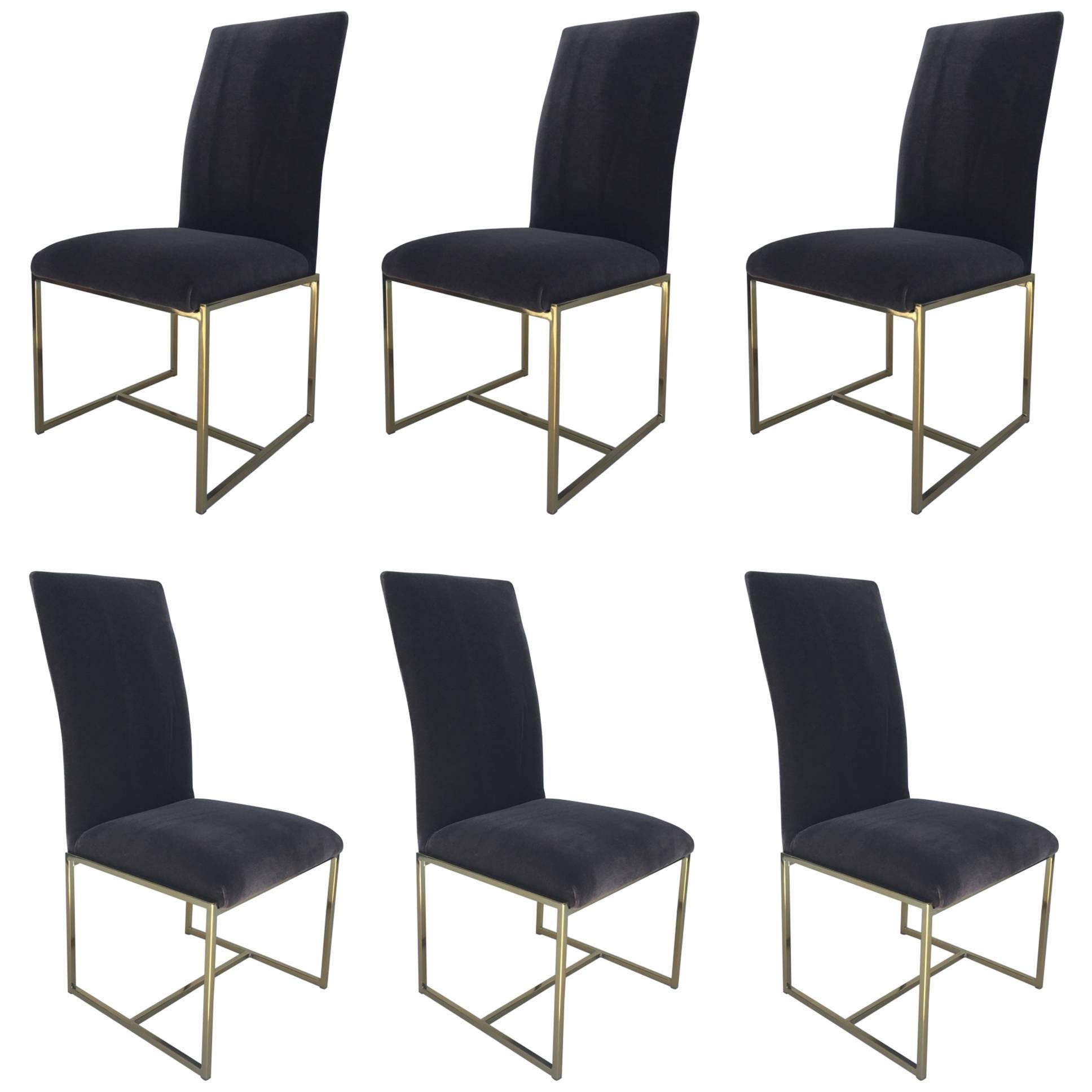 Six Brass and Mohair Dining Chairs by Milo Baughman for Thayer Coggin