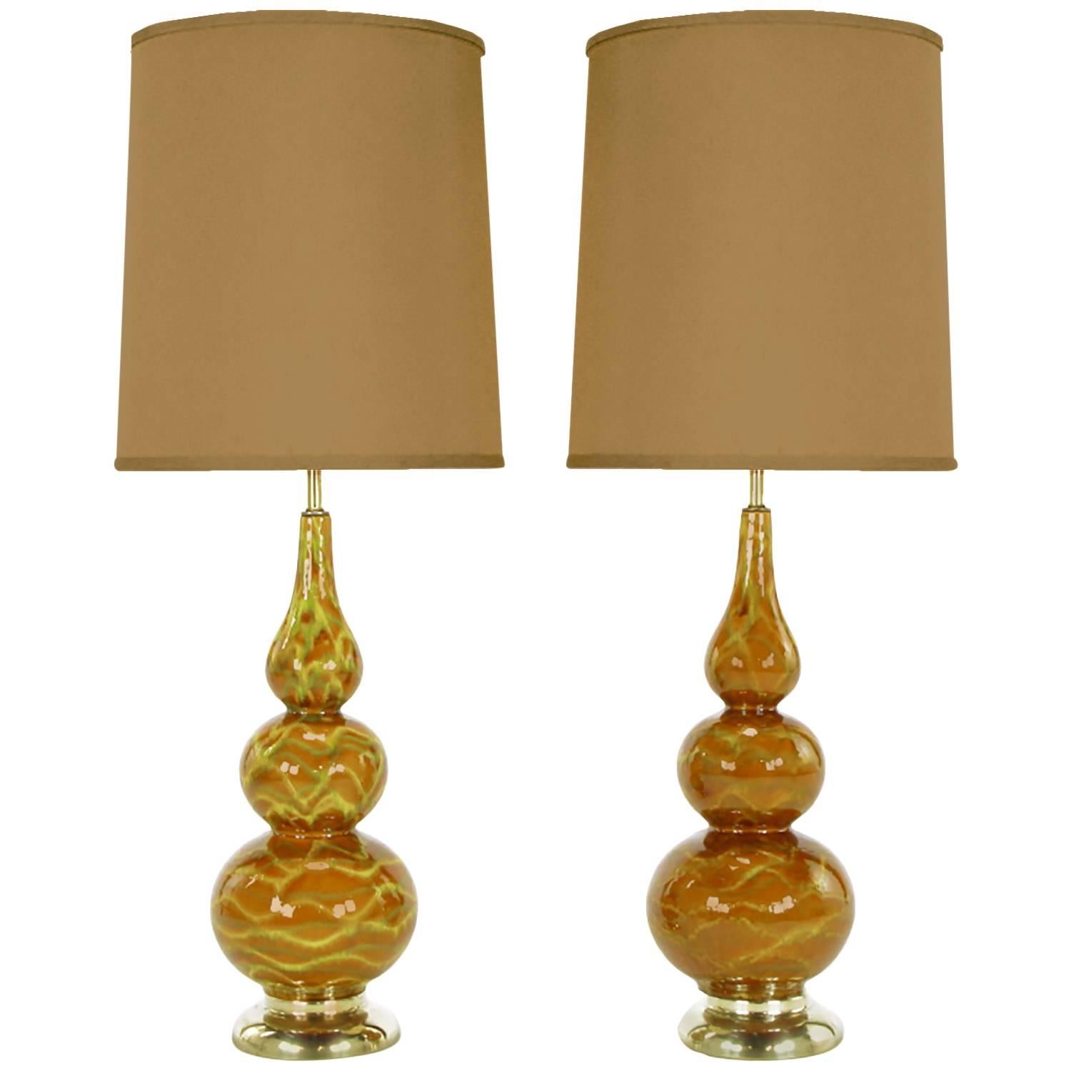 Pair of Caramel Glazed Ceramic Triple Gourd Form Table Lamps For Sale