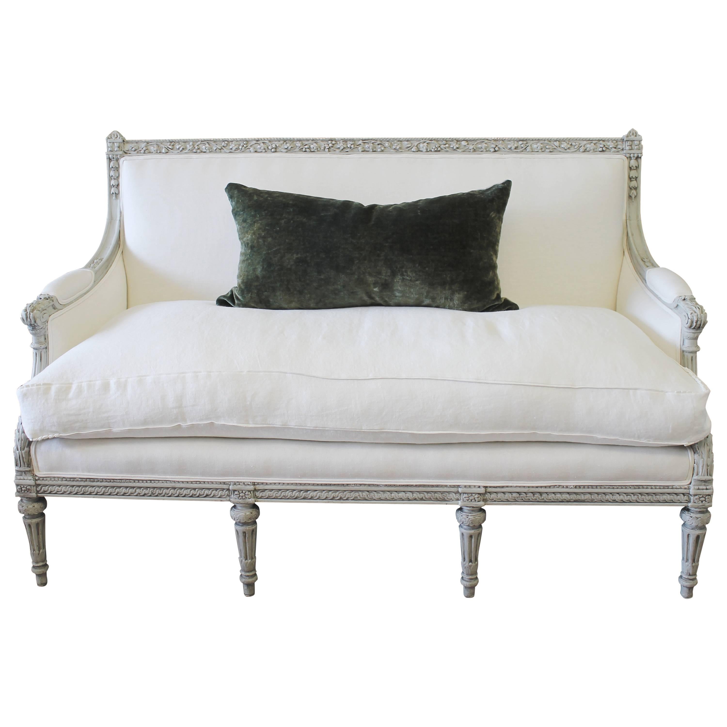Painted Louis XVI Style French Country Sofa Settee in White Linen