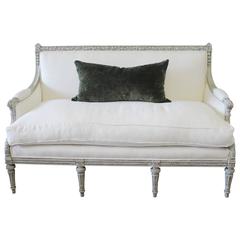 Antique Painted Louis XVI Style French Country Sofa Settee in White Linen