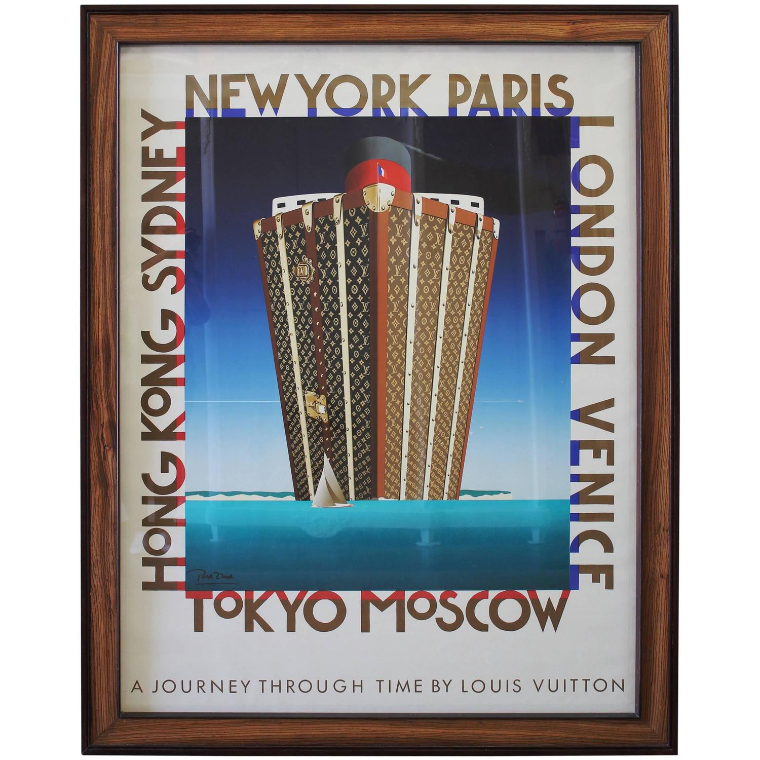 Louis Vuitton the Voyage Linen Poster in Handmade Zebra Wood Mahogany Frame For Sale at 1stdibs