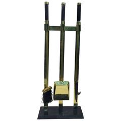 Exceptional Set of Brass Fire Tools on a Black Marble Base in the Style Springer