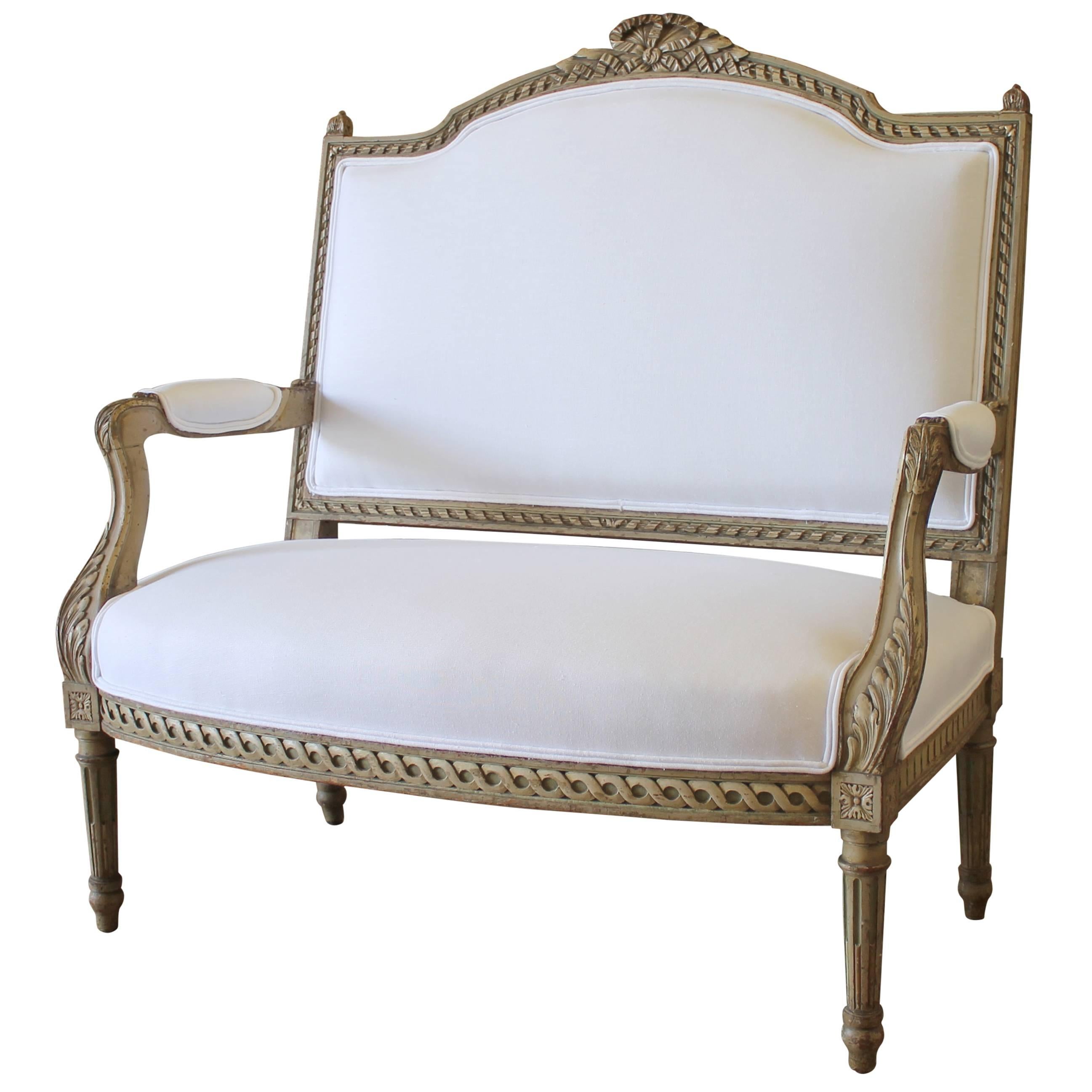 19th Century Antique French Painted Settee in Organic White Linen