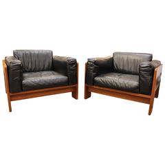 Pair of Tobia Scarpa for Gavina Lounge Chairs in Leather and Mahogany