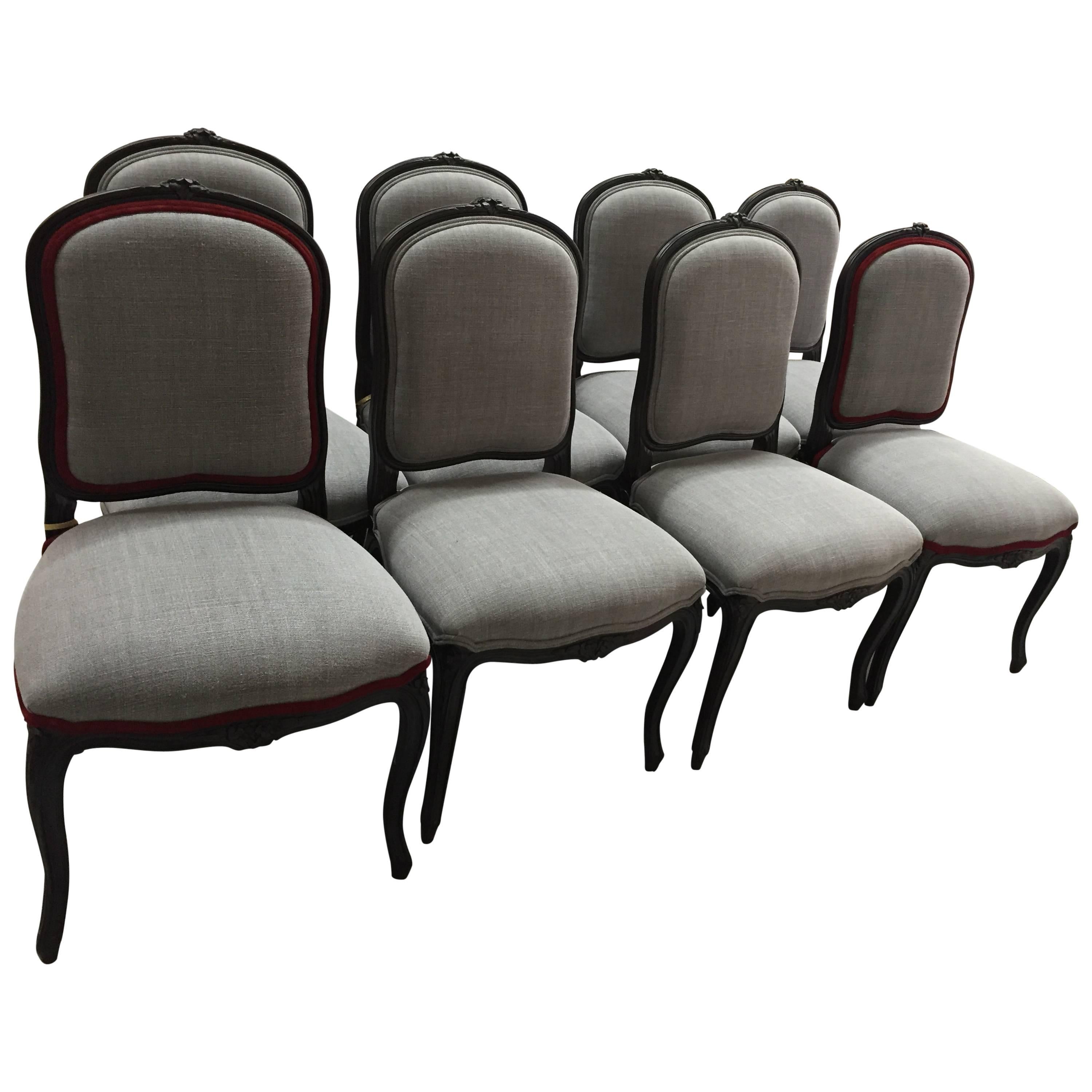 Set of Eight Louis XV Chairs with Belgian Linen Upholstery For Sale