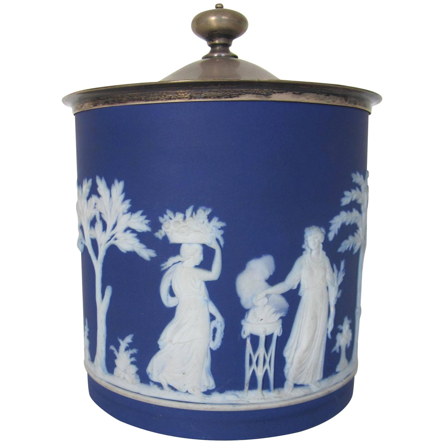 Antique Wedgwood Jasperware Blue, White and Sterling Silver Vessel