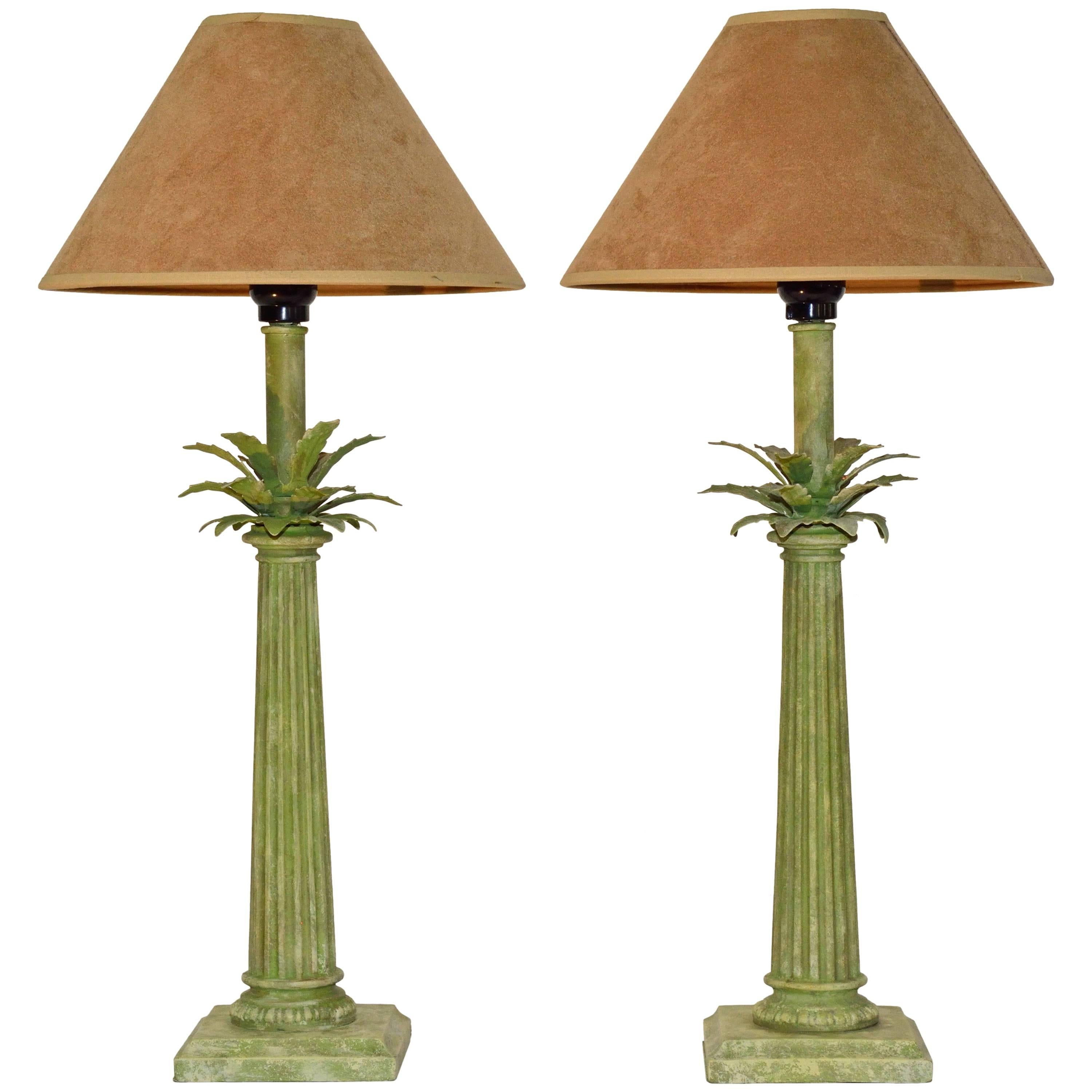 Pair of Green Column or Palm Leaf Lamps