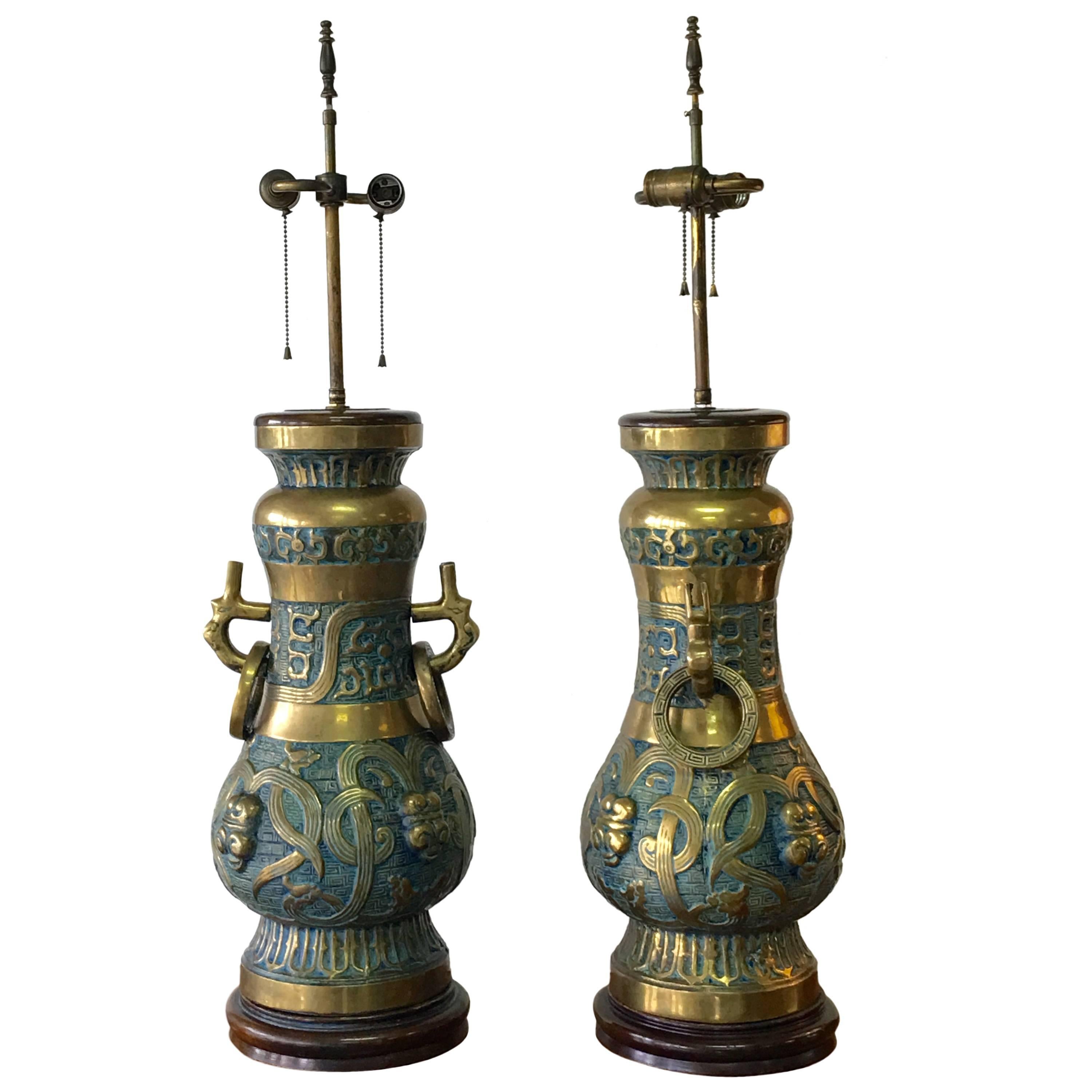 Pepe Mendoza, Monumental Pair of Brass and Enamel Lamps