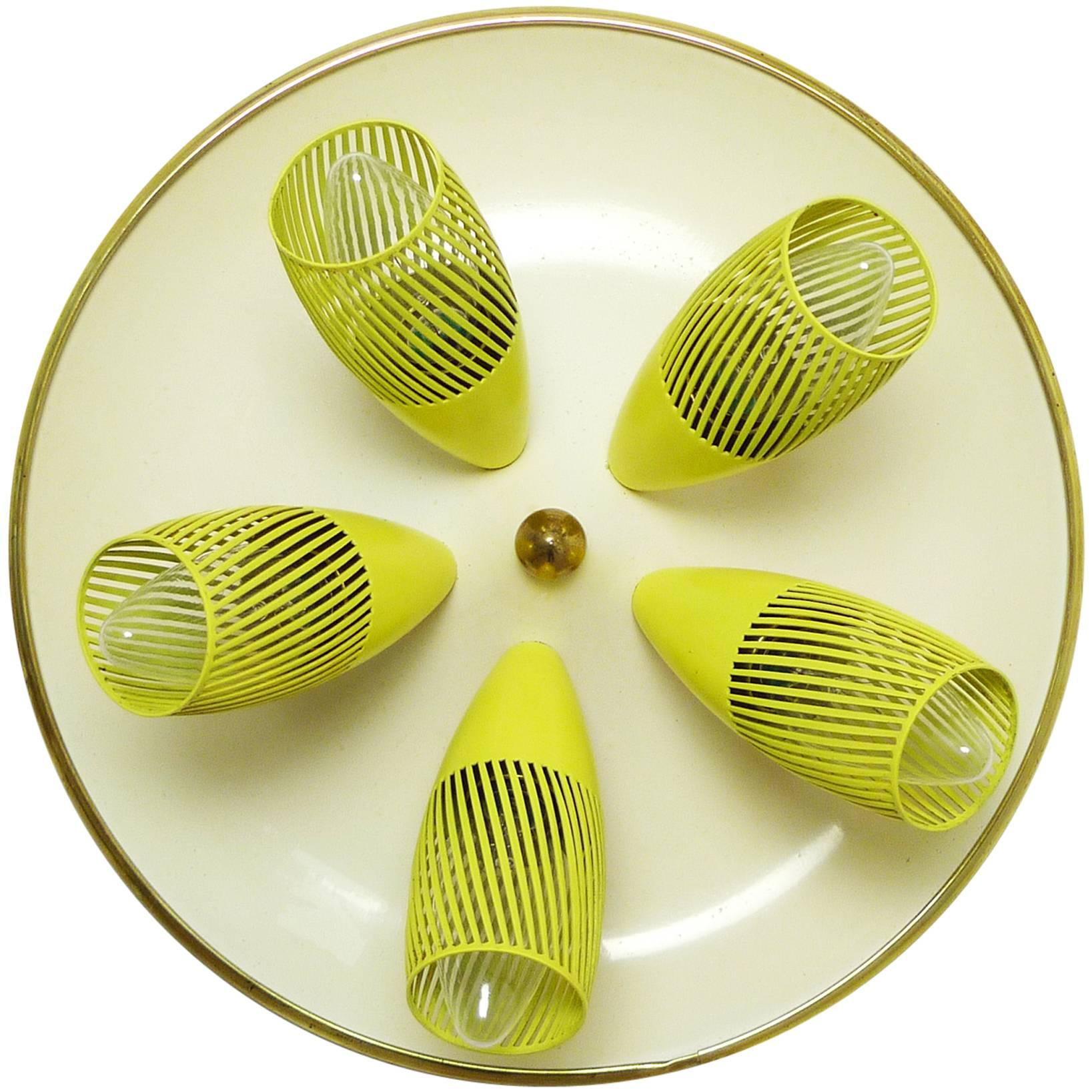 1950s Ceiling Lamp from Germany with Five Slotted Yellow Funnels on a Plate
