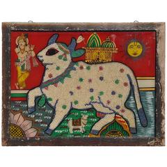 Vintage 1920s Beaded Reverse Glass Painting of a Sheep