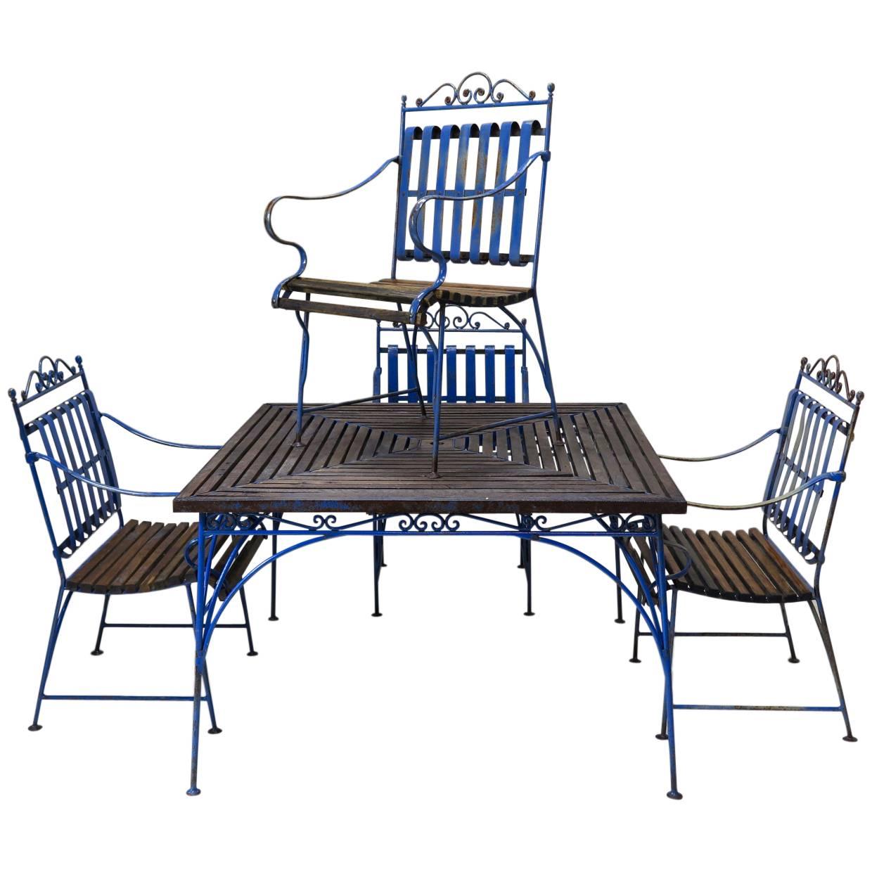 Lovely French 1930s Wrought Iron and Wood Garden Table with Four Armchairs