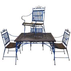 Vintage Lovely French 1930s Wrought Iron and Wood Garden Table with Four Armchairs