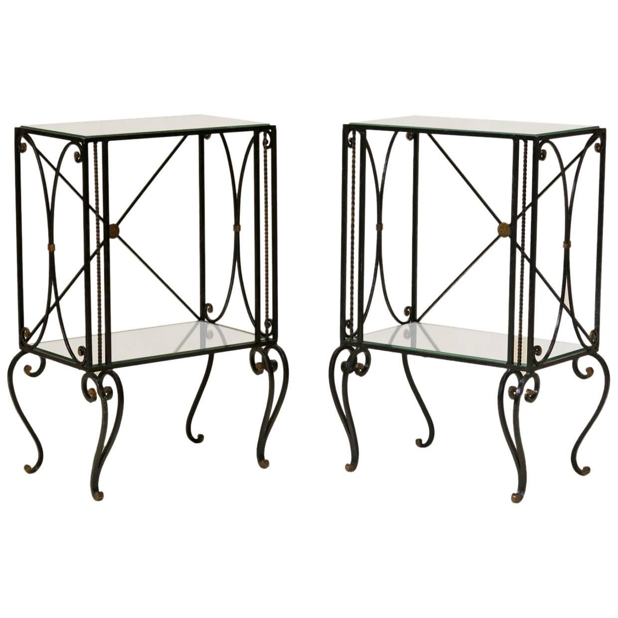 Pair of Art Deco Iron and Mirror Nightstands, France, circa 1940s