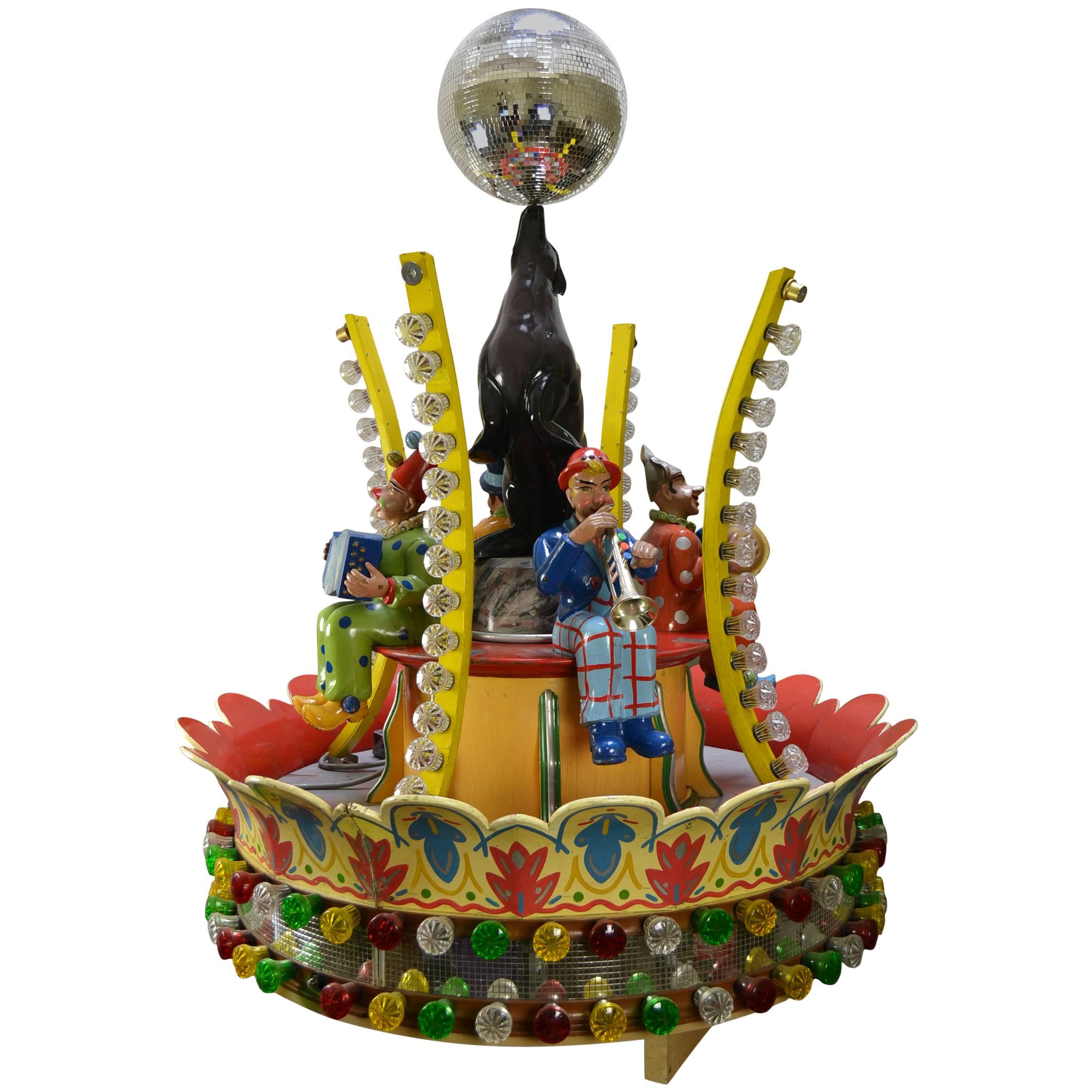 Wooden Center Carousel Ride with Clowns, Seal and Disco Ball for Hennecke, 1950s