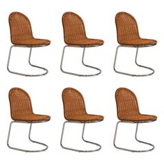 Set of Six French Mid-Century Wicker and Chrome Chairs