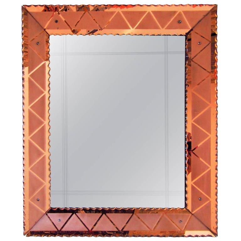 Art Deco Mirror with Etched PeachColored Frame, Italy, 1940 For Sale
