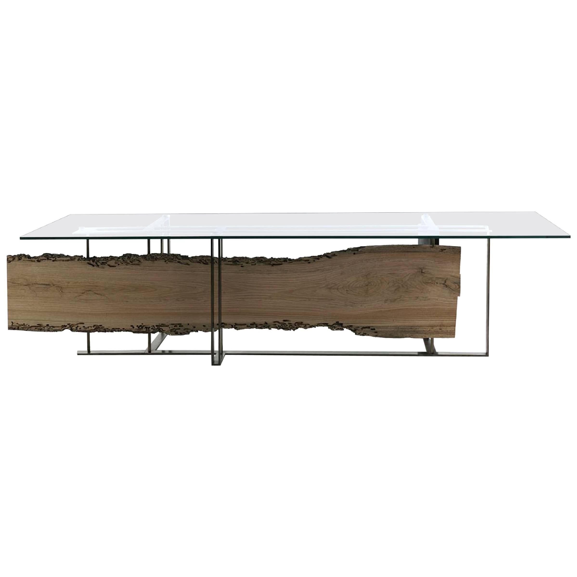 Table Trunk Slice in Natural Solid Oak Wood Metal Frame and Clear Glass Top