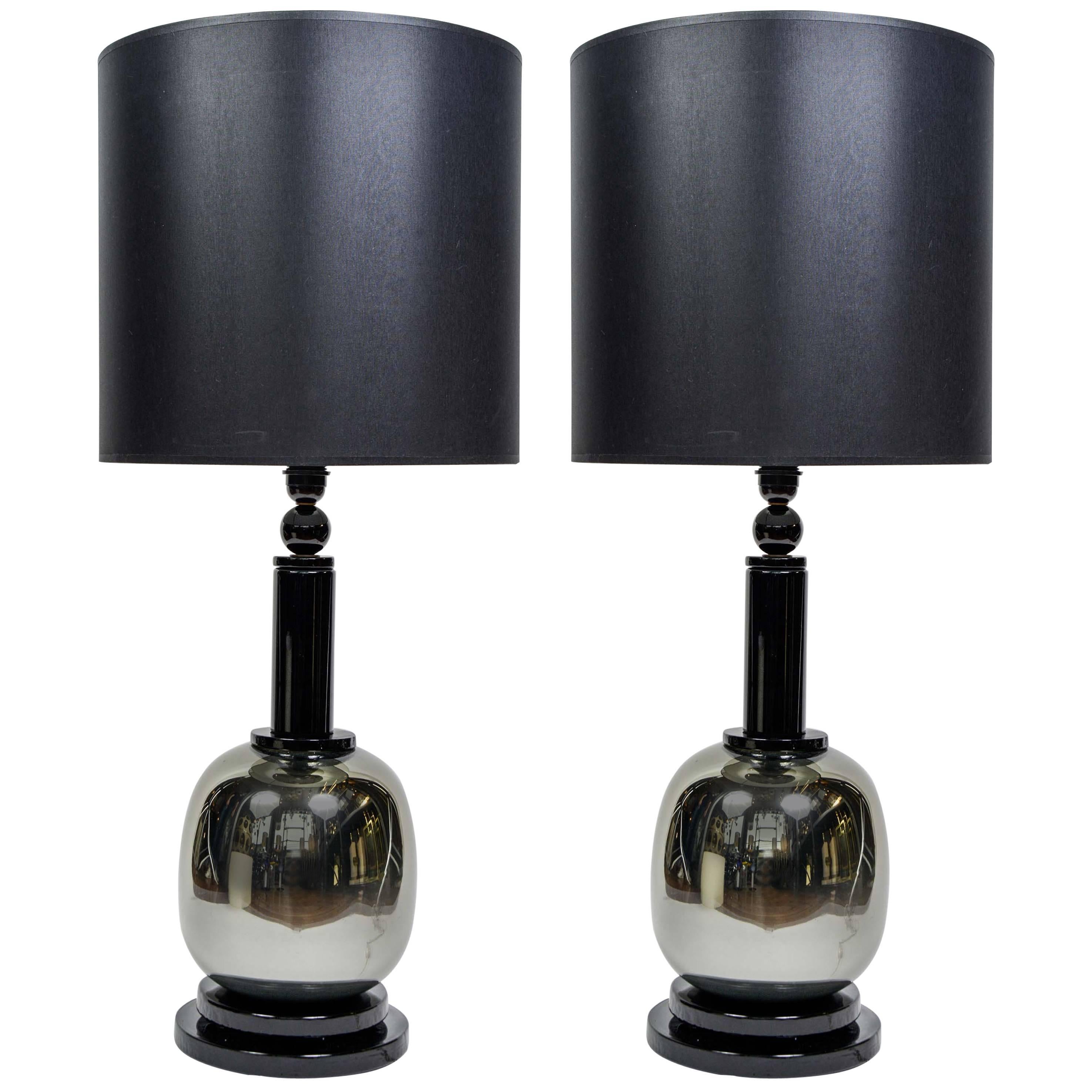 Tall Pair of Silver and Black Murano Glass Lamps