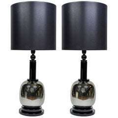 Grande paire de lampes en verre de Murano argenté et noir