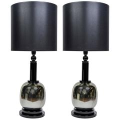 Tall Pair of Silver and Black Murano Glass Lamps 11