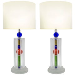 Joyful Pair of Multicolor Murano Glass Lamps