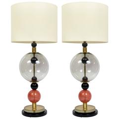 Chic Pair of Tall Black and Red Murano Glass and Brass Lamps
