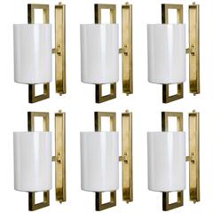 Set of Six Brass and White Murano Glass Wall Sconces