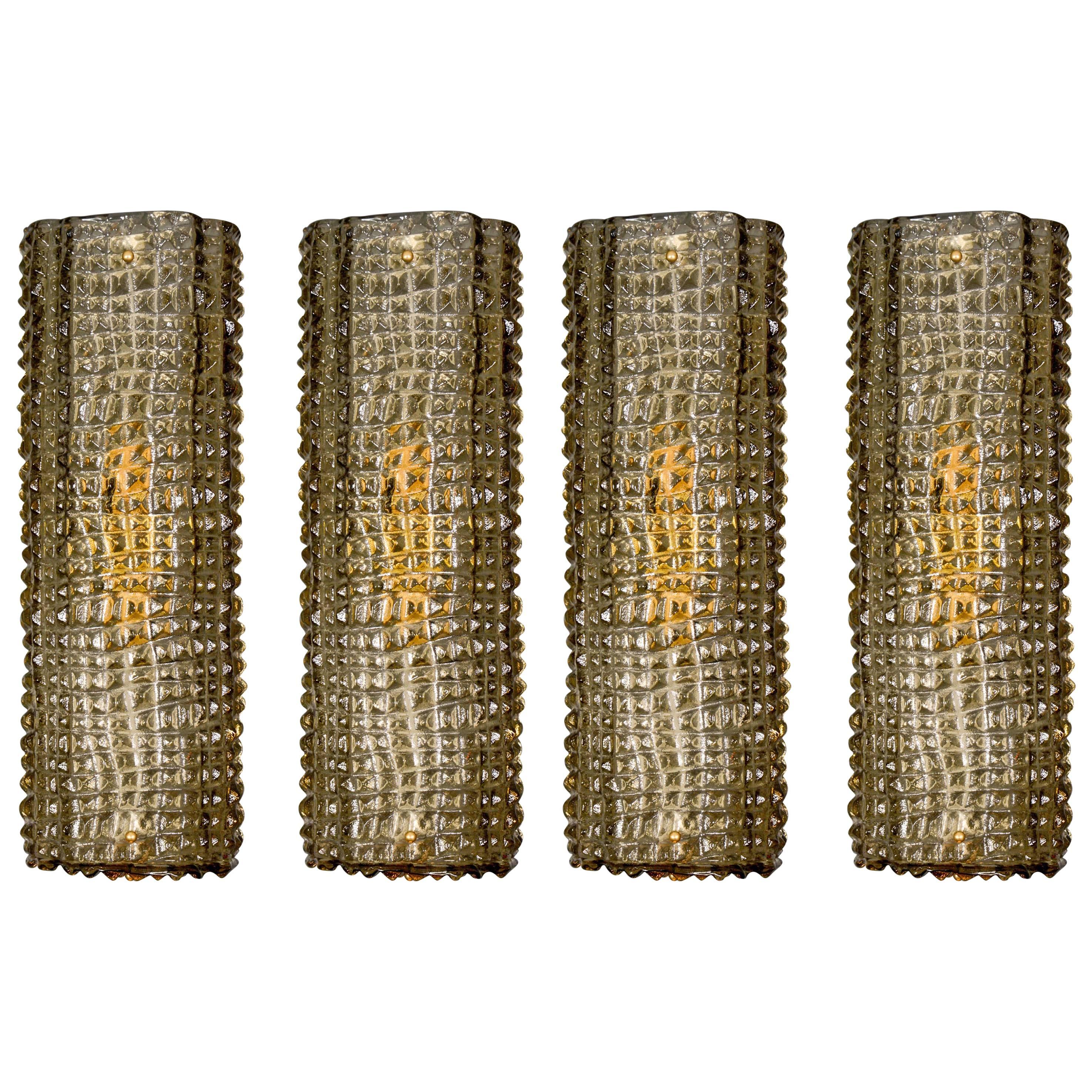 Set of Four Brown Embossed Murano Glass Wall Sconces