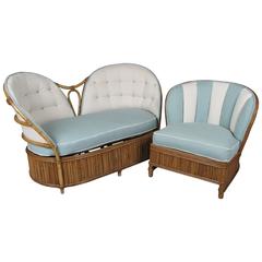 Vintage 1940s Rattan Settee and Lounge Chair