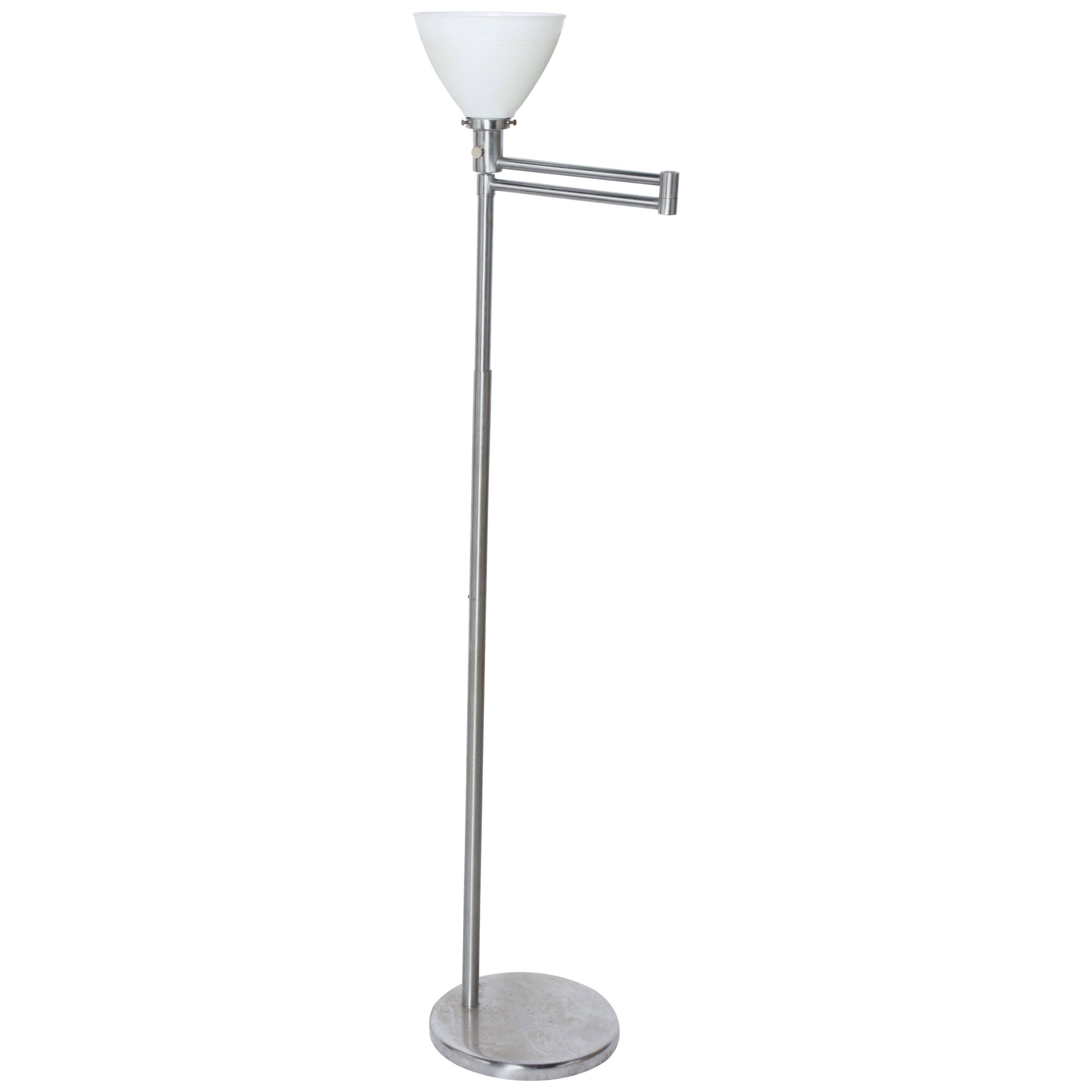 Walter Von Nessen Brushed Steel Swing Arm Floor Lamp with White Milk Glass Shade For Sale