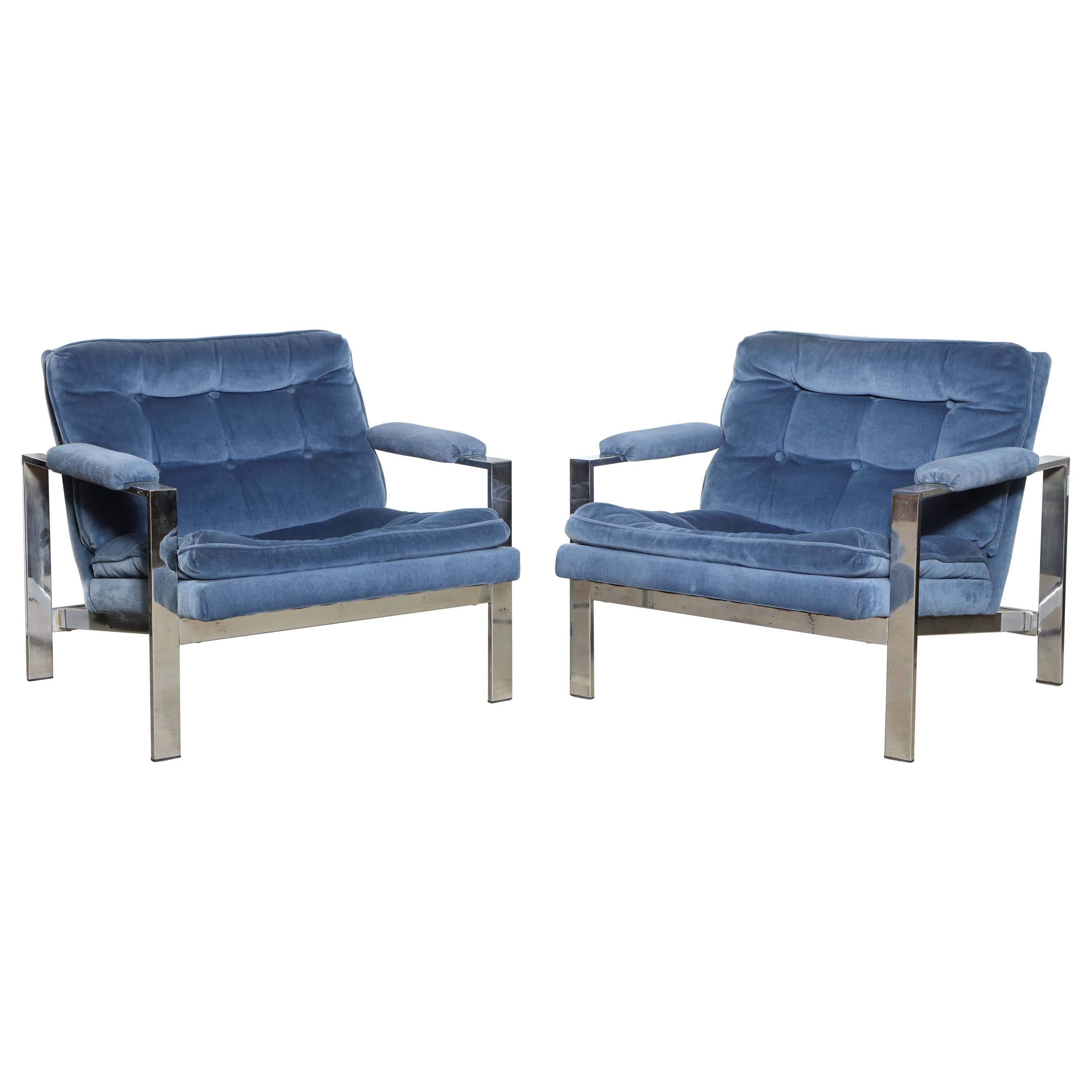 Pair of 1970's Cy Mann Solid Chrome Lounge Chairs in French Blue   