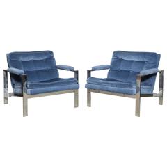 Retro Pair of 1970's Cy Mann Solid Chrome Lounge Chairs in French Blue   