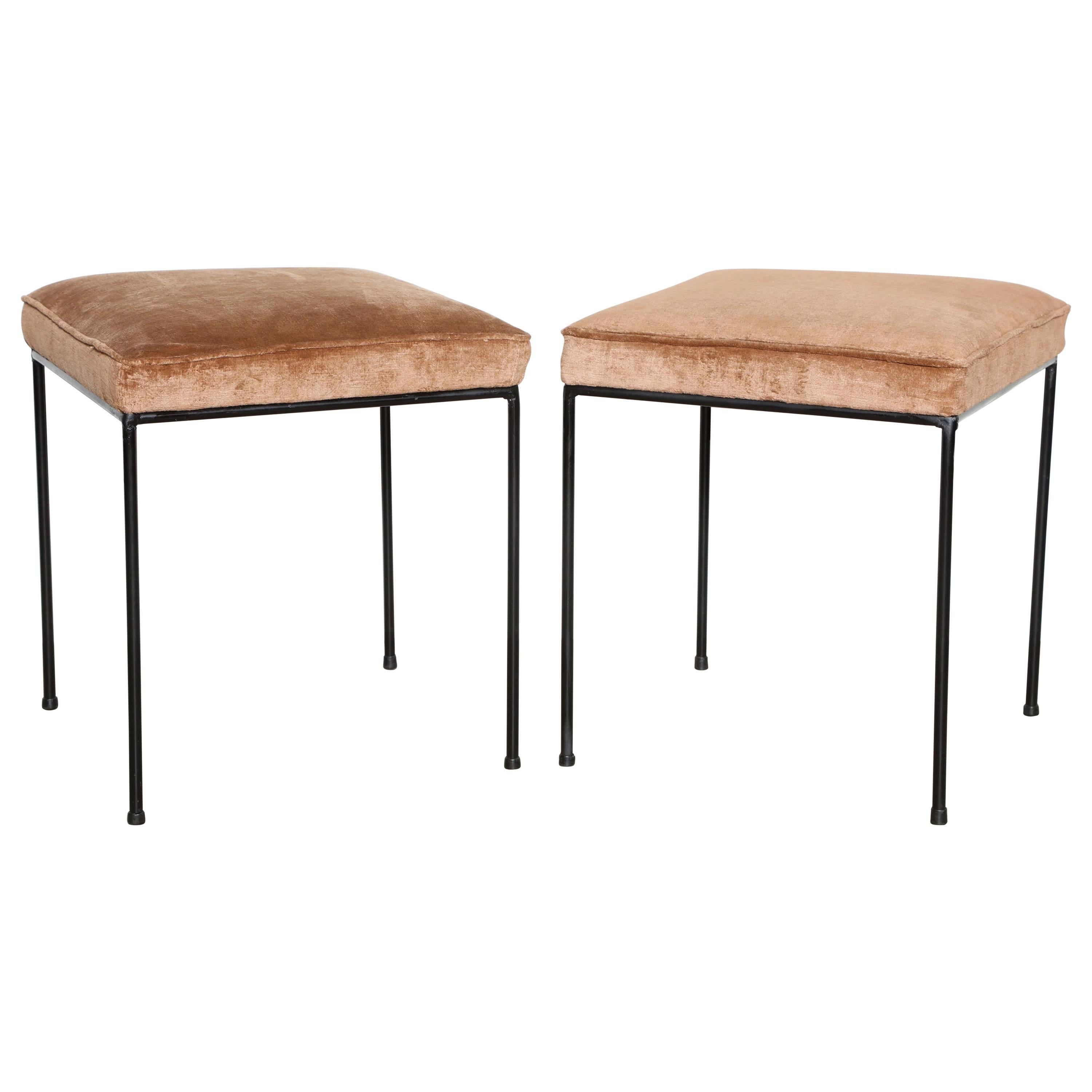 Pair of 1950s Frederick Weinberg Wrought Iron and Cashmere Stools