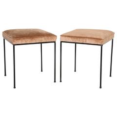 Retro Pair of 1950s Frederick Weinberg Wrought Iron and Cashmere Stools