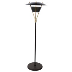 Tall Thomas Moser Black Enamel and Brass Floor Lamp with Black Shade, 1950s 