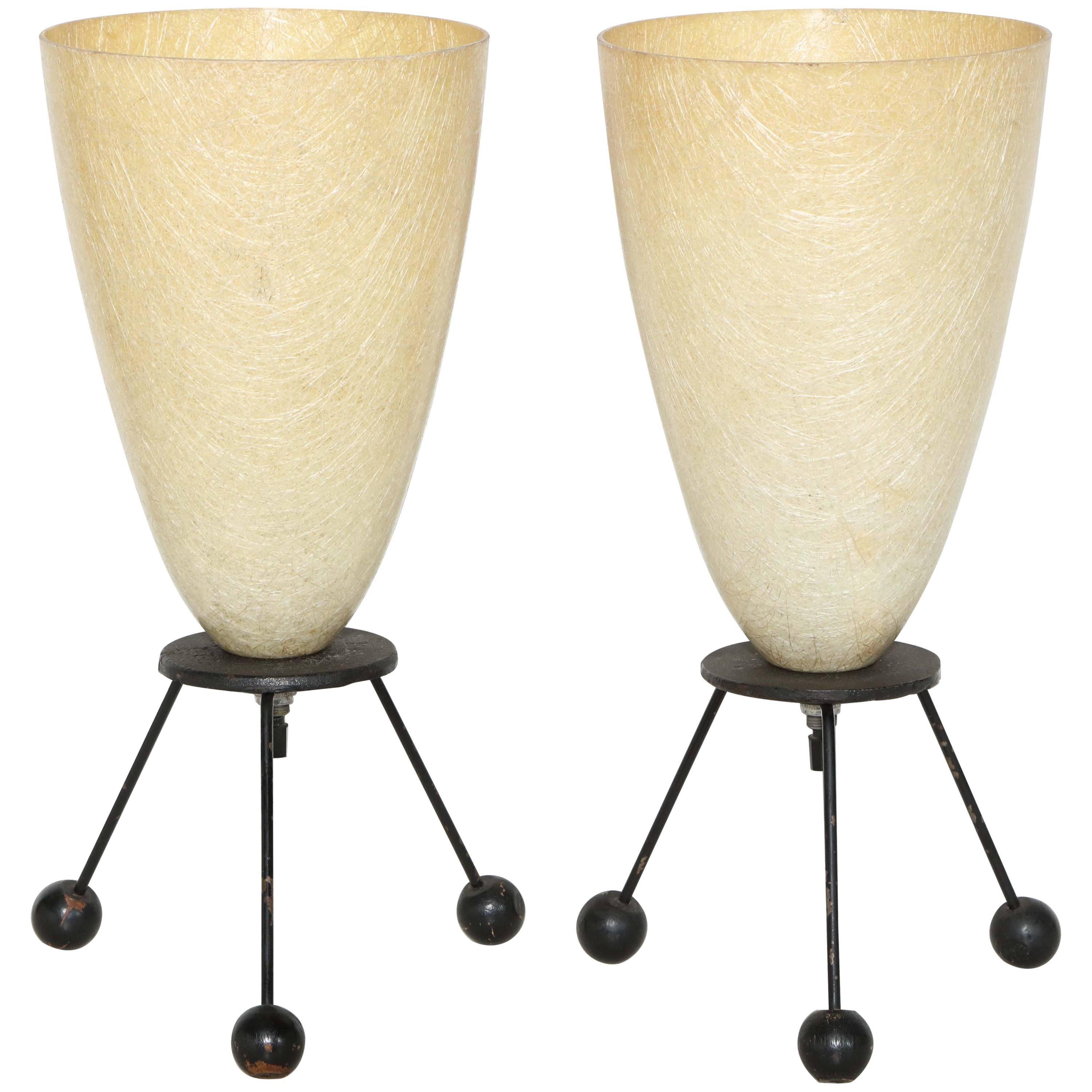 Pair of Tony Paul Style Black Wire Tripod Lamps with Cream Cone Shades 