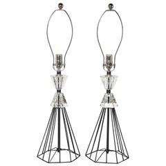 Retro Pair of 1950s Black Wire and Crystal Lamps