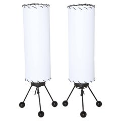 Retro Small Pair of Verplex Co. Black Tripod Table Lamps with White Linen Shades, 1950