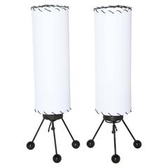 Pair of Verplex Co. Black Wire Tripod Table Lamps with White Linen Shades, 1950s