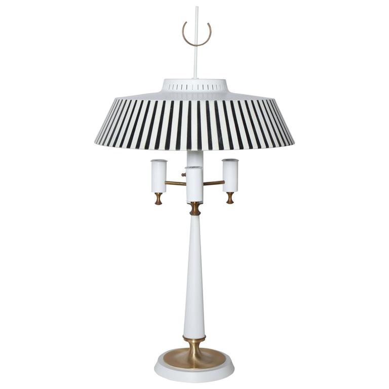 Gerald Thurston White Candlestick Lamp With Black And Striped Gerald Thurston White Candlestick Lamp With Black And Striped Metal Shade For