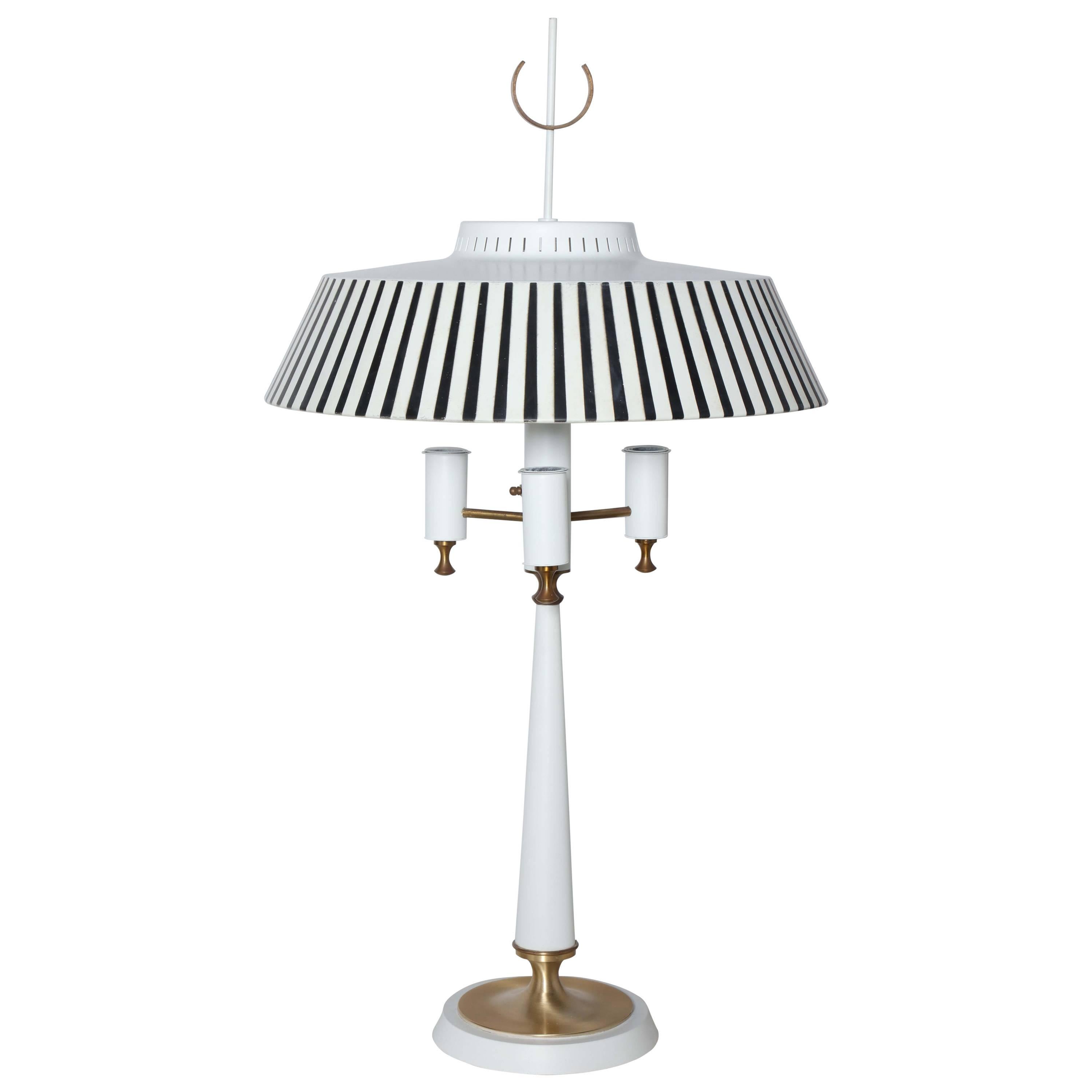 Gerald Thurston White Candlestick Lamp with Black & White Stripe Metal Shade For Sale