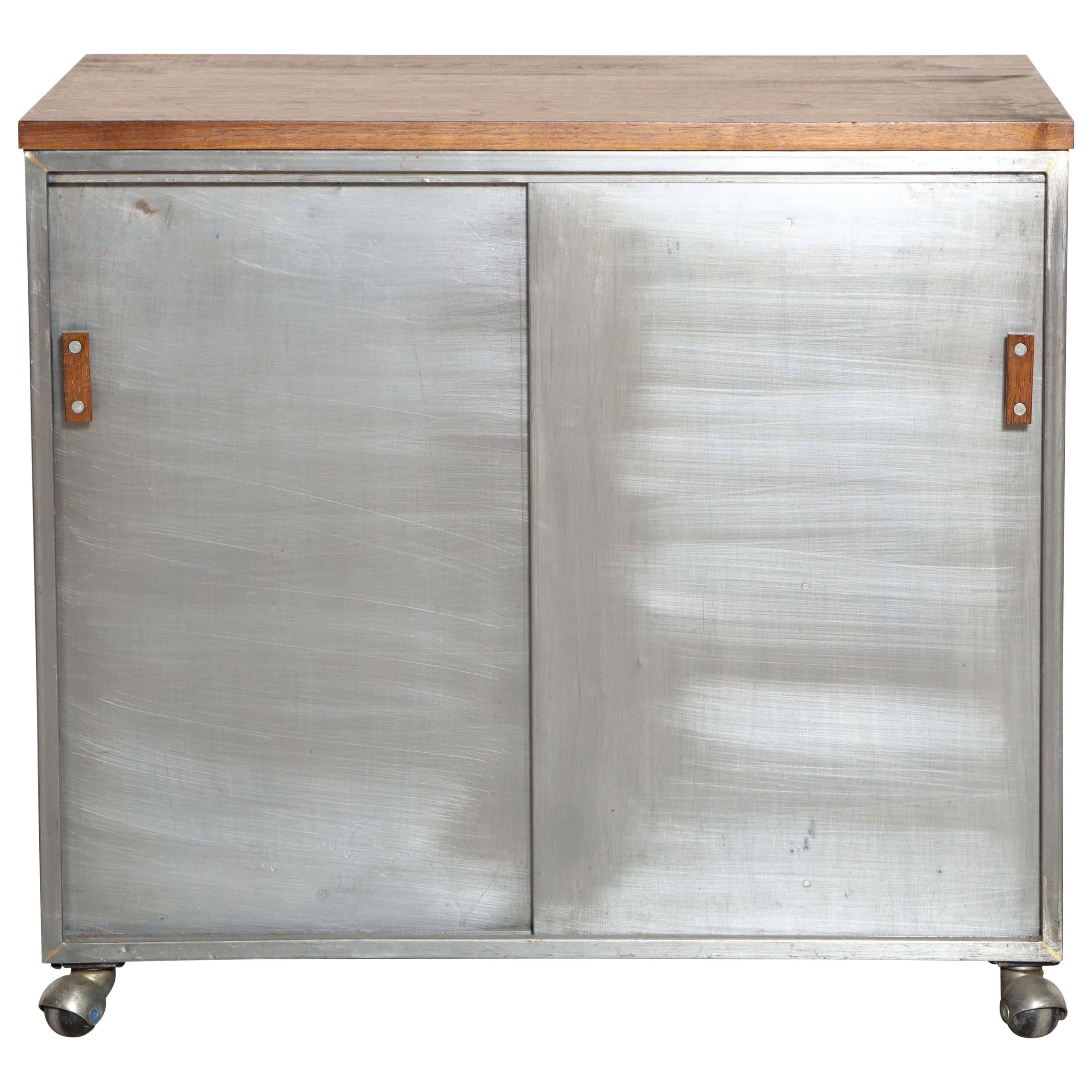 Rolling Industrial Modern Walnut and Steel Storage Cabinet
