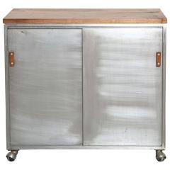 Vintage Rolling Industrial Modern Walnut and Steel Storage Cabinet
