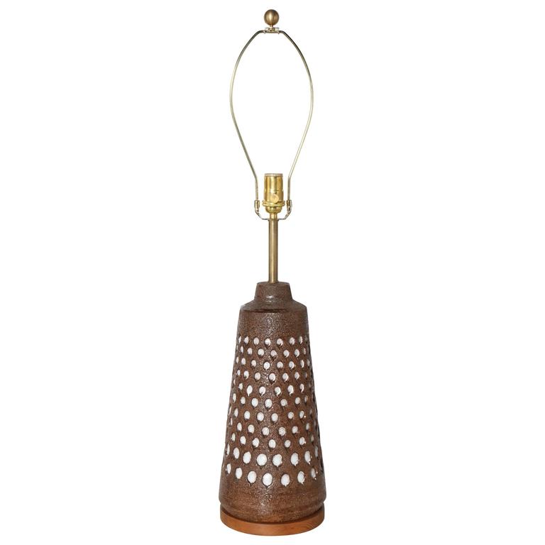 Zaccagnini Ceramic Table Lamp White Brown Stripes Dots Signed Italy Substantial Zaccagnini Studios Deep Brown Ceramic Lamp With Recessed White Dots