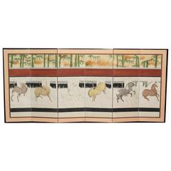 hand-Painted Japanese Folding Screen, Byobu Ponies Painting, Goldleaf 6