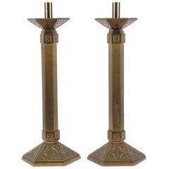 Antique Pair of French Art Deco Brass Candlesticks