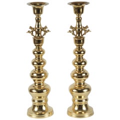 Vintage Pair of Large Chinese Polished Brass Candlesticks